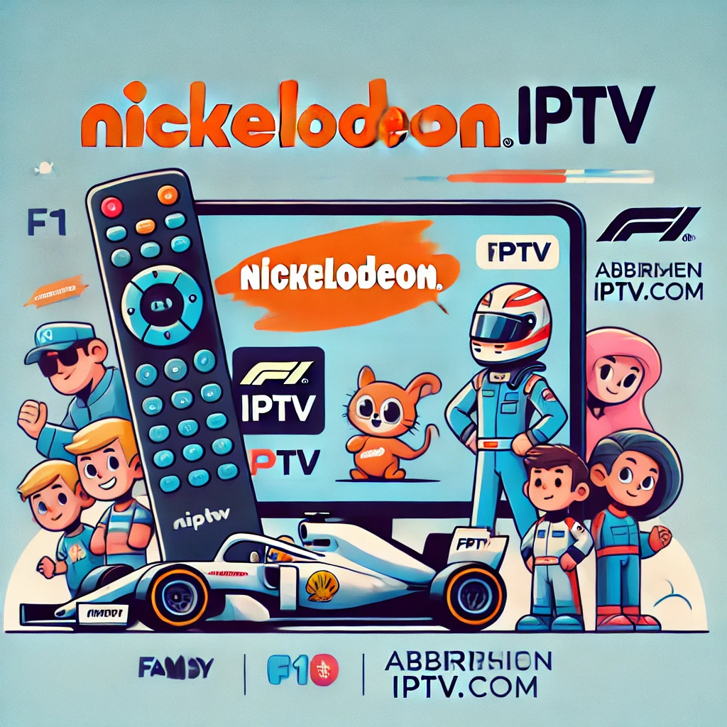 Illustration of Nickelodeon IPTV showing streaming channels with Nickelodeon content, a racing icon for F1 IPTV, and a subscription symbol for IPTV.com