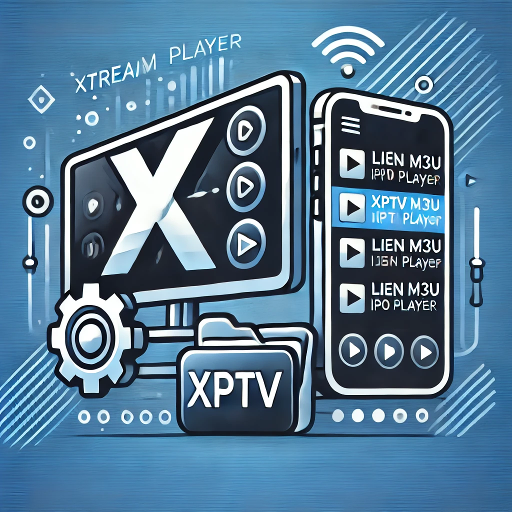 Illustration of Xtream Player showing IPTV channels with settings icon for IPTV player and playlist icon for lien m3u IBO Player, emphasizing flexibility and ease of use.